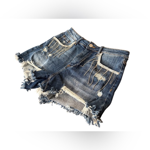 Rise Jeans women's blue denim shorts with rhinestone size M high rise 93% cotton - Picture 5 of 9